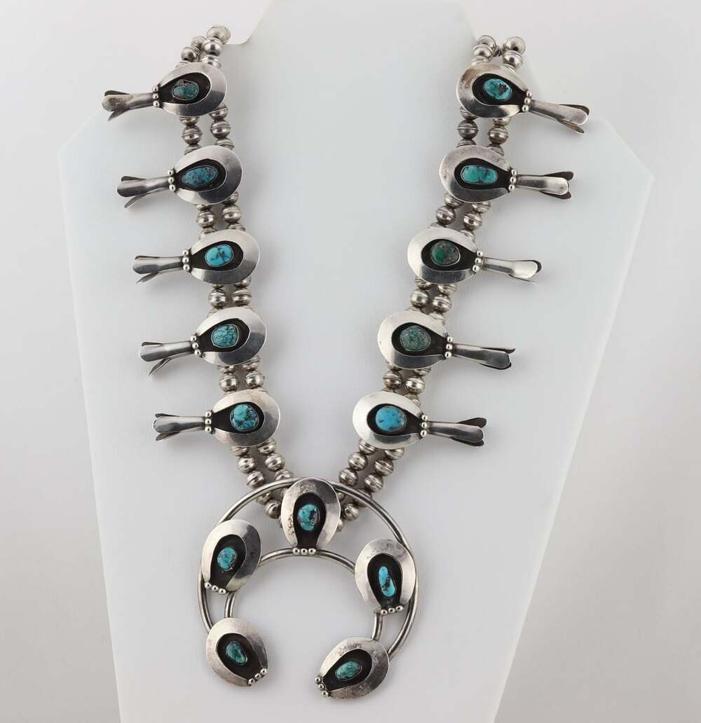 Sterling Silver Natural Turquoise Squash Blossom Necklace 23" inch - Picture 8 of 10